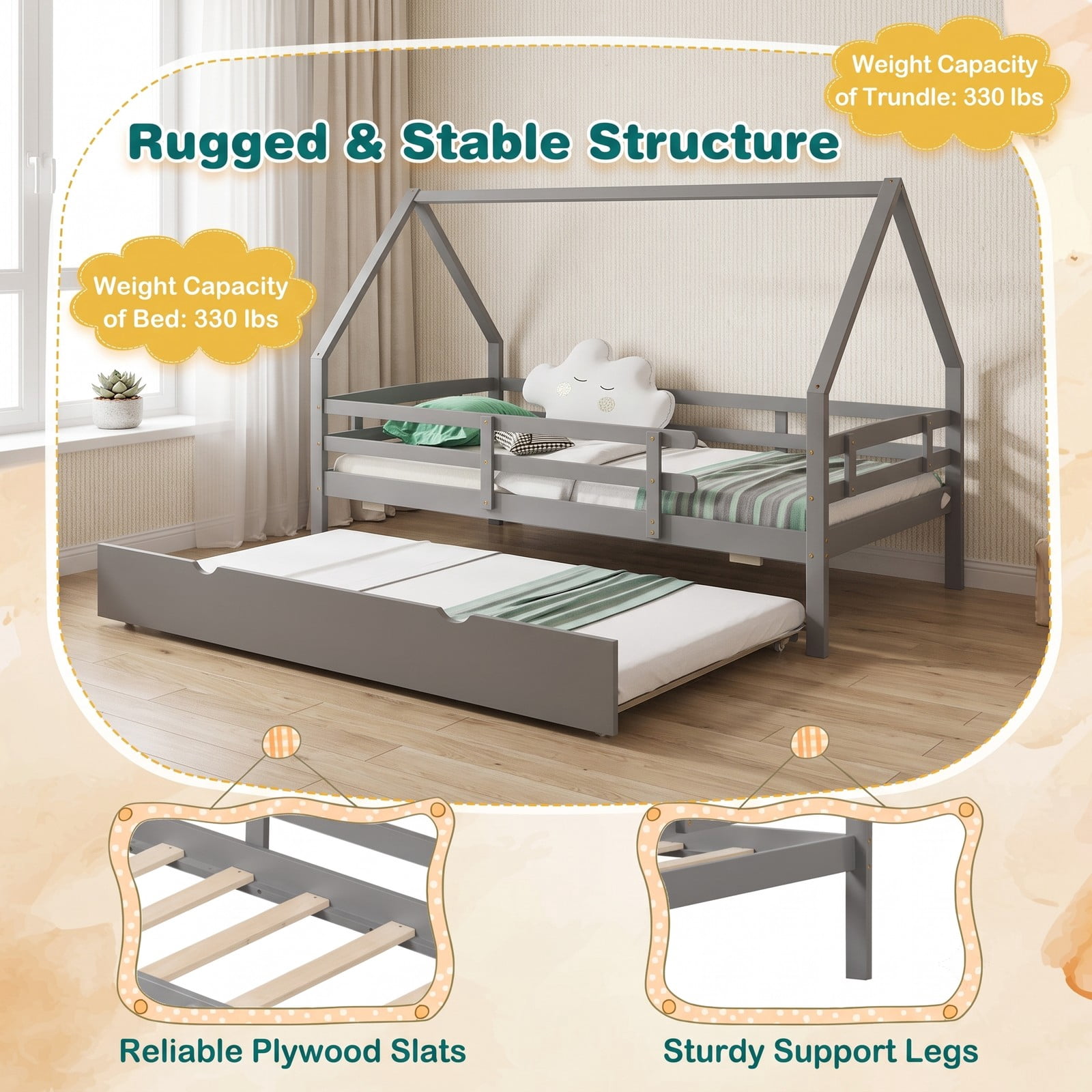 Furnibear Twin Bed Frame, House Bed with Pull Out Trundle and Fence Rail Guards, Montessori Floor Bed with Slat Support for Kids Room, Gray