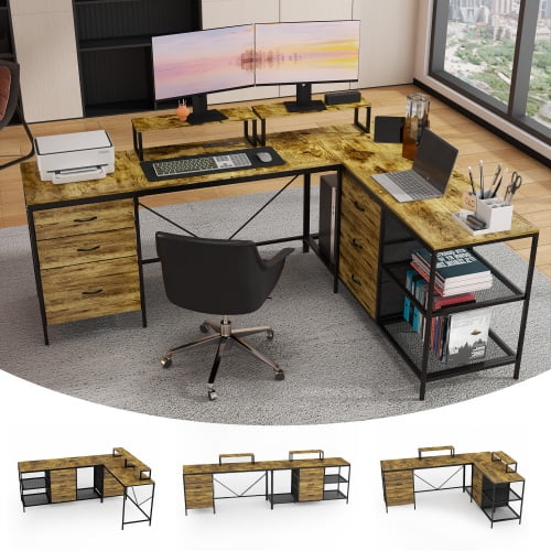 114 Inch L-Shaped Desk with Power Outlets, Industrial Computer Desk with 6 Fabric Drawers and 3 Shelves, Large Corner Office Desk with Movable Monitor Stands for Gaming, Rustic Brown