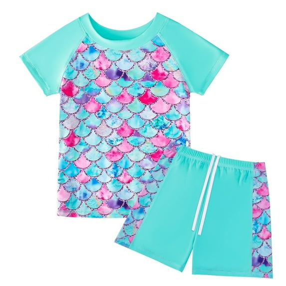 Girls Swimsuits Rash Guard Two Piece Set Short Sleeve Hawaiian Bathing Suit Kids Tankinis Swimwear 4-12T