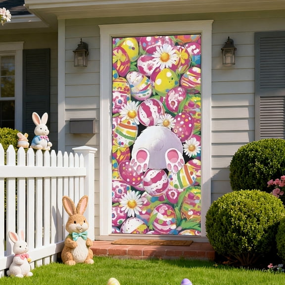 Vggrvlo Easter Eggs Door Cover Decoration 3D Visual Effects Cottagecore Wildflower Easter Rabbit Door Curtains Banners for Indoor Outdoor Decorations 71"x35"