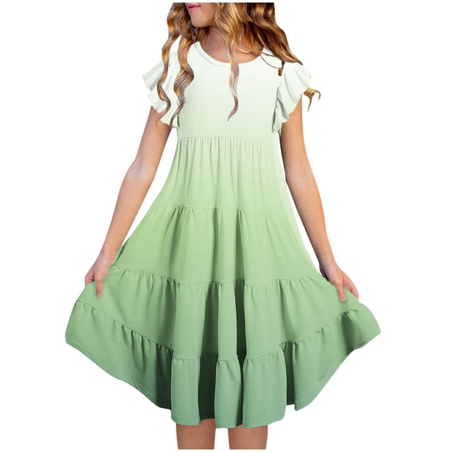 LOVZFMLL Fashion Girls' Summer Short Sleeve Ruffled Pockets Round-Neck Printed Dress