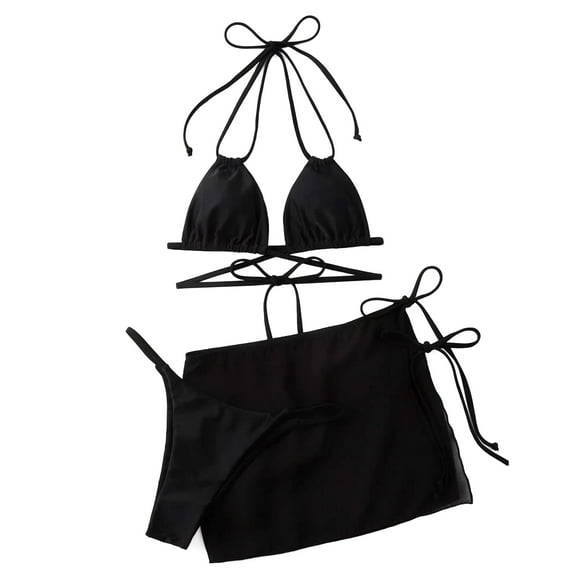 Fashion Women Bikini Set Womens Summer Drawstring Strap Solid Color Three Piece Beach Bikini Set