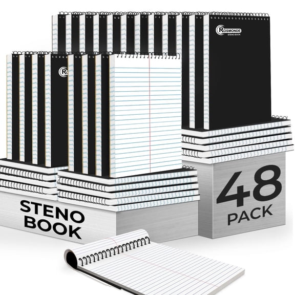 Rosmonde Spiral Steno Pads 48 Pack, 6 x 9 in, Gregg Ruled, 80 Sheets (160 Pages), Top Spiral Notebook, Black Covers, Bulk Steno Notebooks for School, College & Office Notes