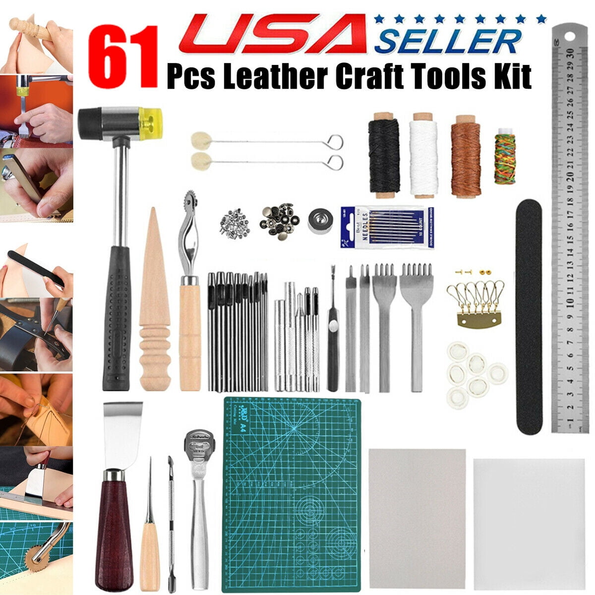 61 tlg Leder Werkzeug Leather Craft Hand Sewing Stitching Groover Tool DIY Set 