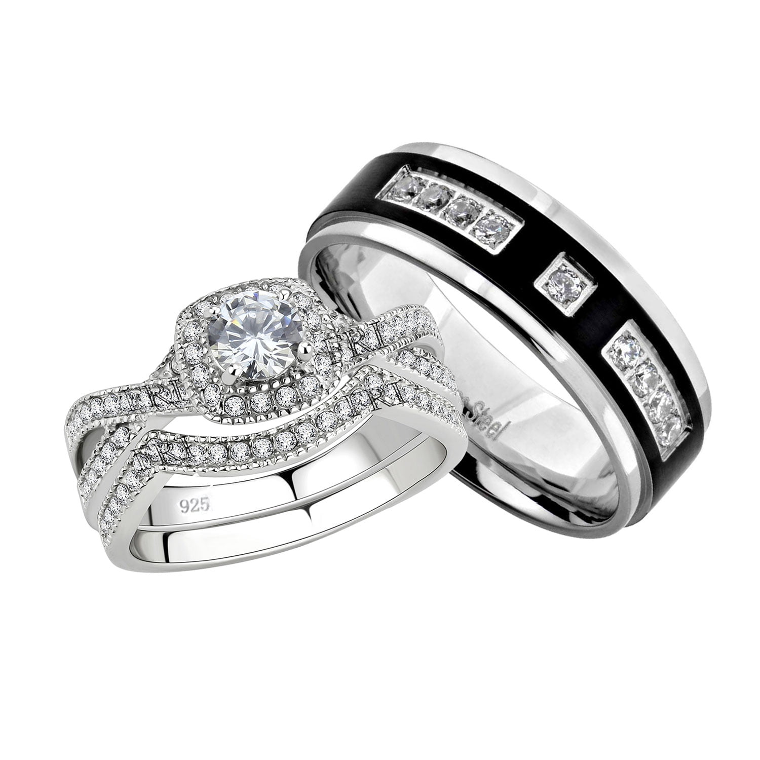 Stainless Steel Women's Infinity Wedding Ring Set Halo Round Cut Cubic Zirconia 