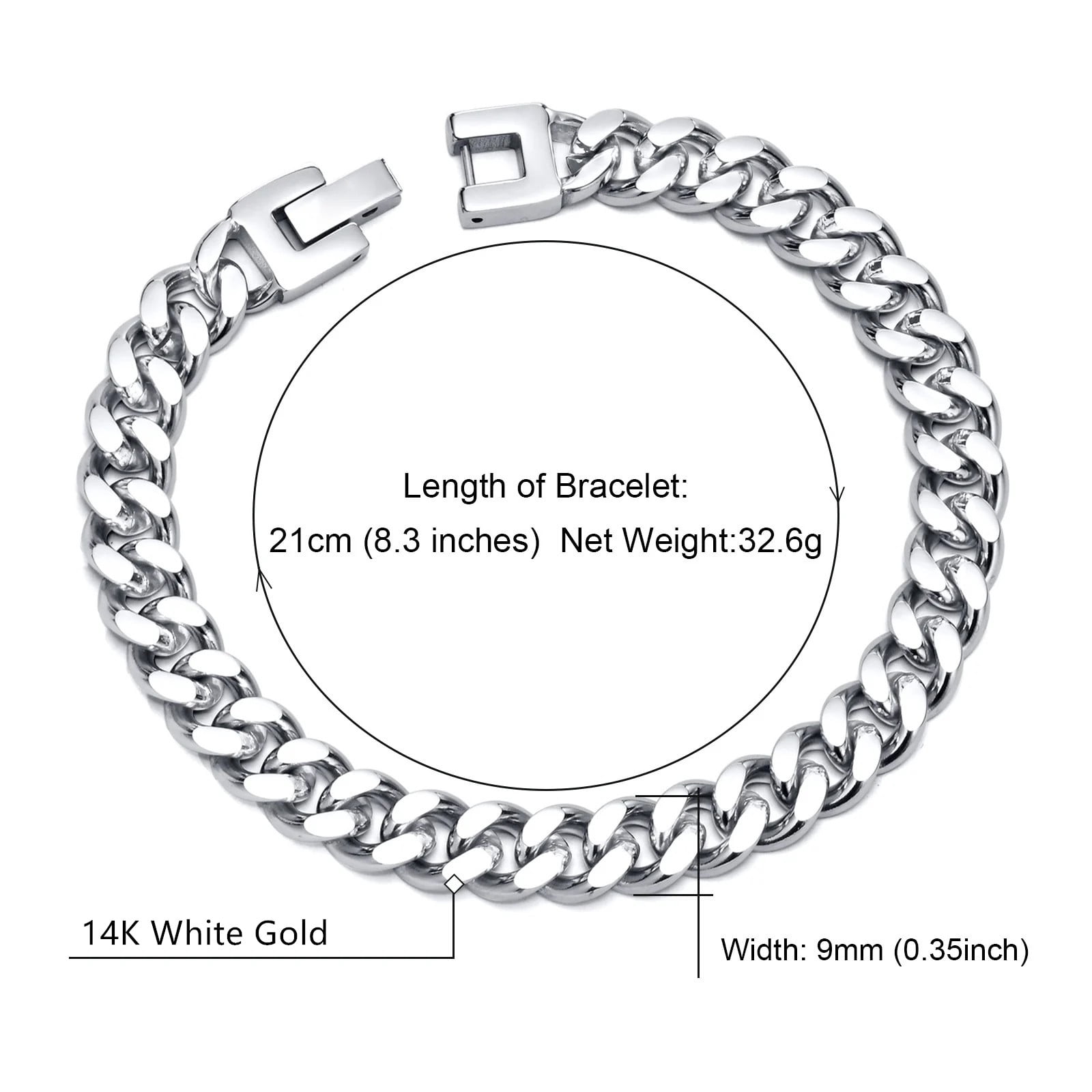 9MM Wide Cuban Chain Bracelets for Men, Waterproof 14K White Gold Links Wristband, pulseira masculina