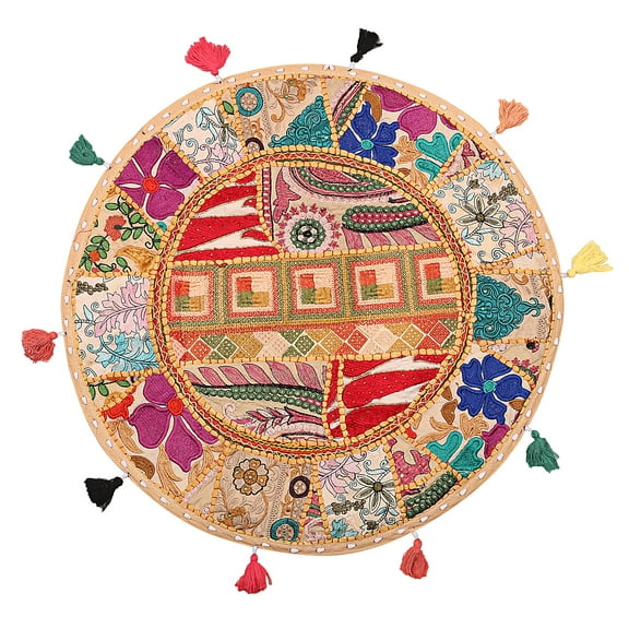 Stylo Culture Cotton Ethnic Round Floor Pillow Cover Vintage Bohemian Embroidered Patchwork Footstool Cushion Beige Yoga Throw Pillow Cover 18 Kids Decorative Decor Seating Tuffet Seat Pouf Cover