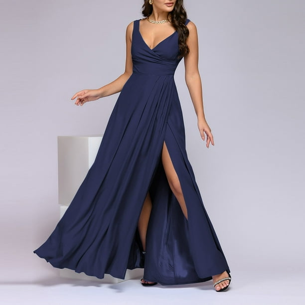 adviicd Wedding Dresses for Women Formal Dresses for Women Evening Party  Slit Ruched Bodycon Maxi Dress Wedding Dress Navy,M