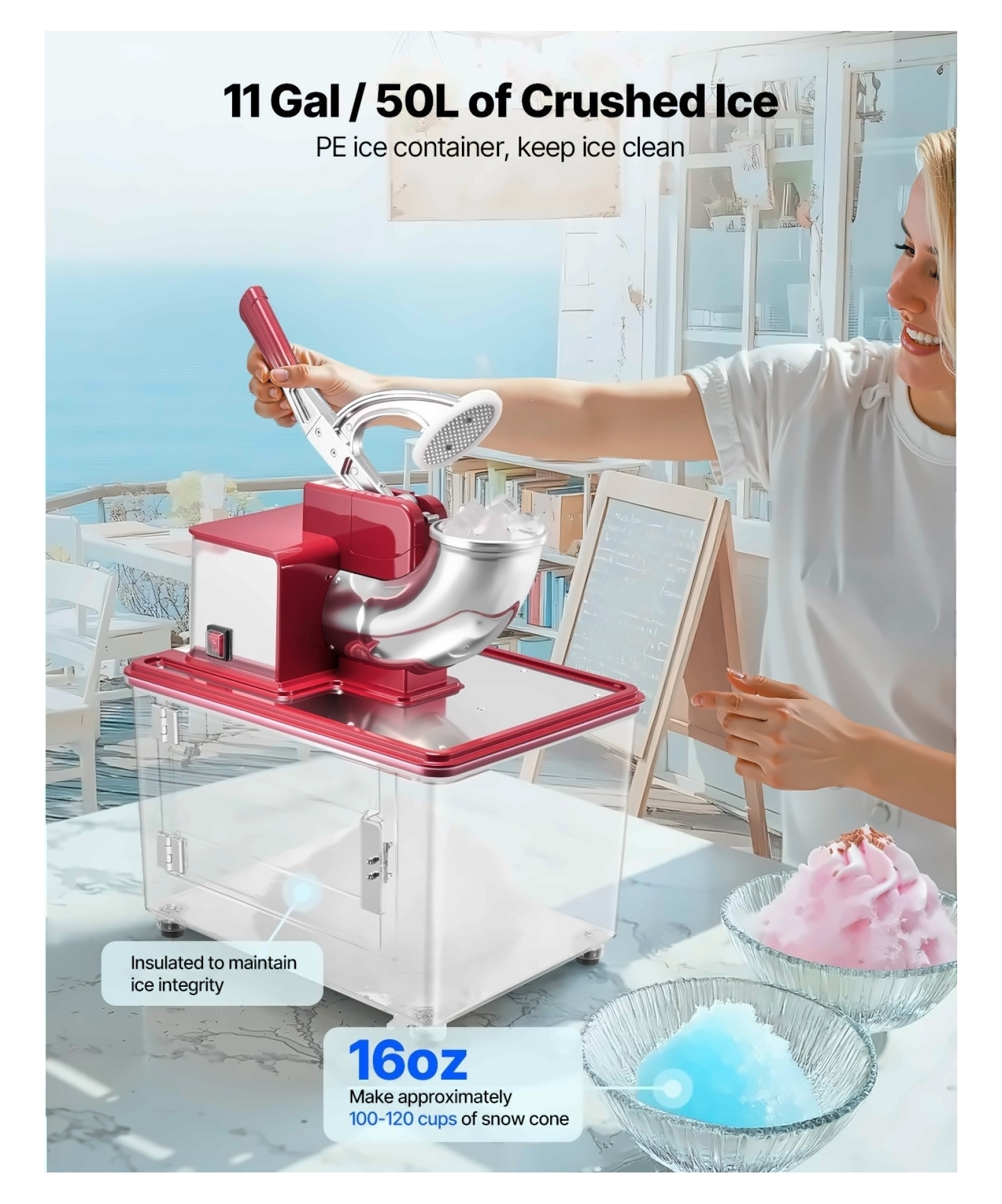 Commercial Ice Crusher 661LBS/H Electric Snow Cone Maker - Heavy Duty Shaved Ice Machine - 50L Capacity - Red