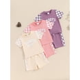 thumbnail image 4 of Aojekbee Toddler Girl Summer Outfit Letter Print Checkerboard Short Sleeve Tops Elastic Waist Shorts 2Pcs Clothes Set, 4 of 10