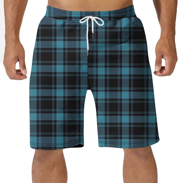 Diufon Men's Casual Shorts Spring Summer Wide Leg Loose Plaid Printed Elastic Waisted Drawstring Sport Shorts