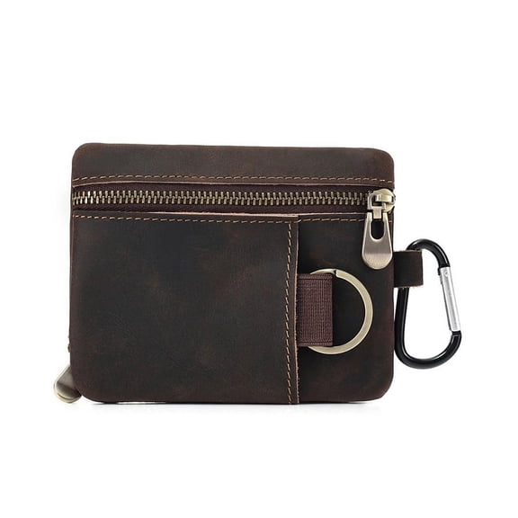 Genuine Leather Unisex Coin Purse Card Holder with Key Ring & Clip. Slim Minimalist Wallet. Top Grain Cow Real Leather.
