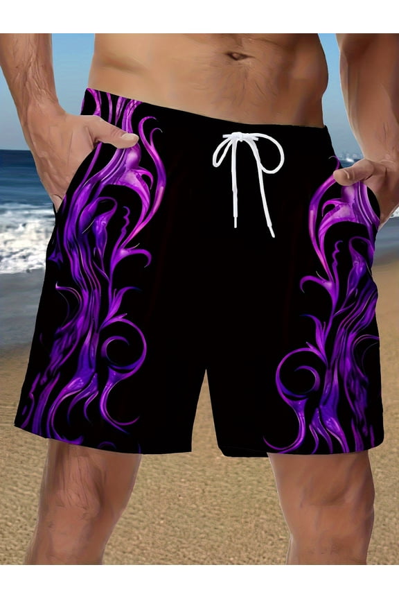 Men's Casual Shorts - Fashionable Purple Flame Print, Adjustable Drawstring Waist, Machine Washable - For Summer Activities, Beach, and Outdoor Wear