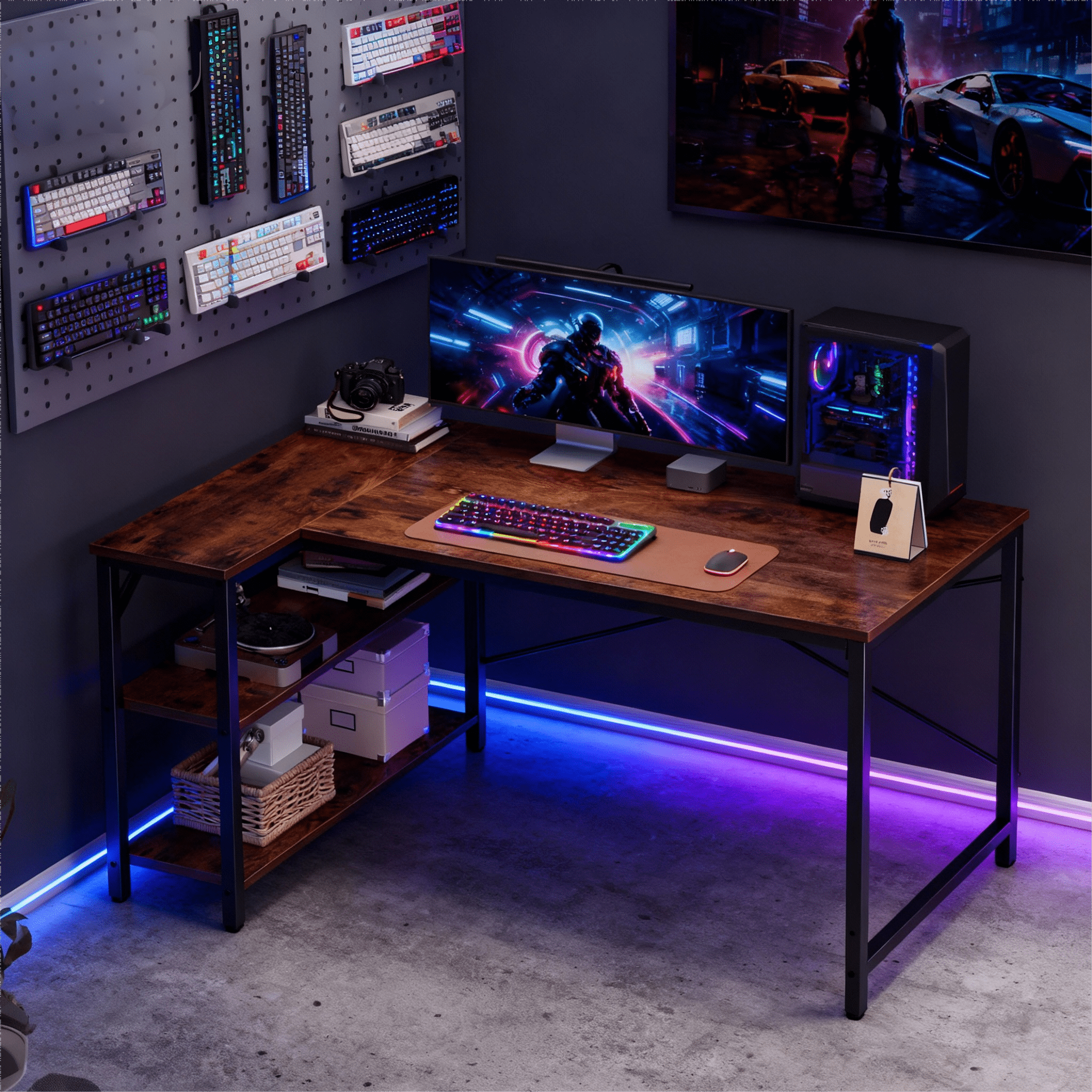 CONCETTA 47” L Shaped Computer Desk with Reversible Storage Shelves, Corner Gaming Desk with PC Stand, Home Office Writing Study Table, Black