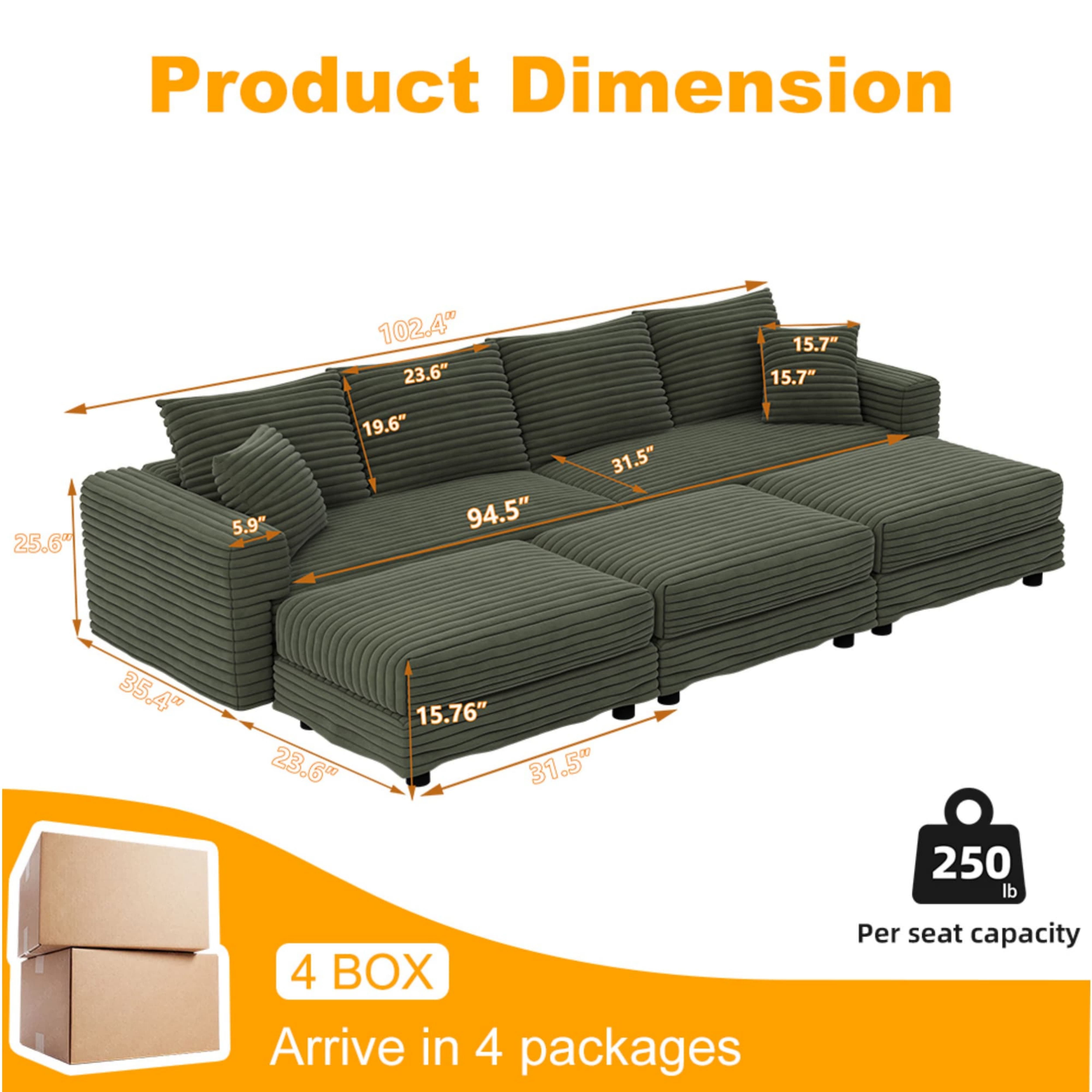 Alvantor 4-Seat Sofa with 3 Movable Ottomans 102" W Corduroy Upholstered Deep Seat Couches Convertible Chaise for Living Room, Apartment Green