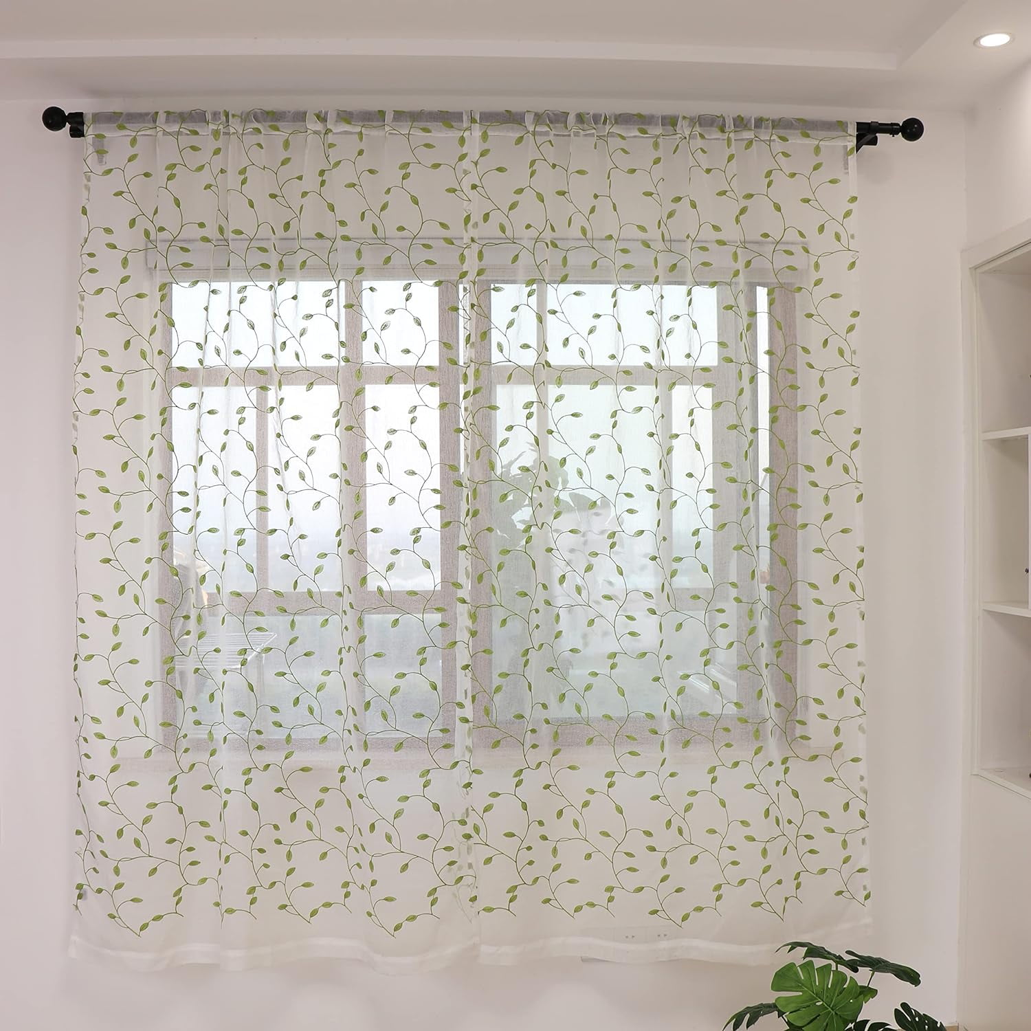 Sunyuer Green Leaves Short Sheer Curtains Green Leaf Embroidery Bedroom Curtain Rod Pocket Voile Faux Linen Embroidered Leaves Curtains for Living Room, 52W X 84L inch, Set of 2 Panels, Green
