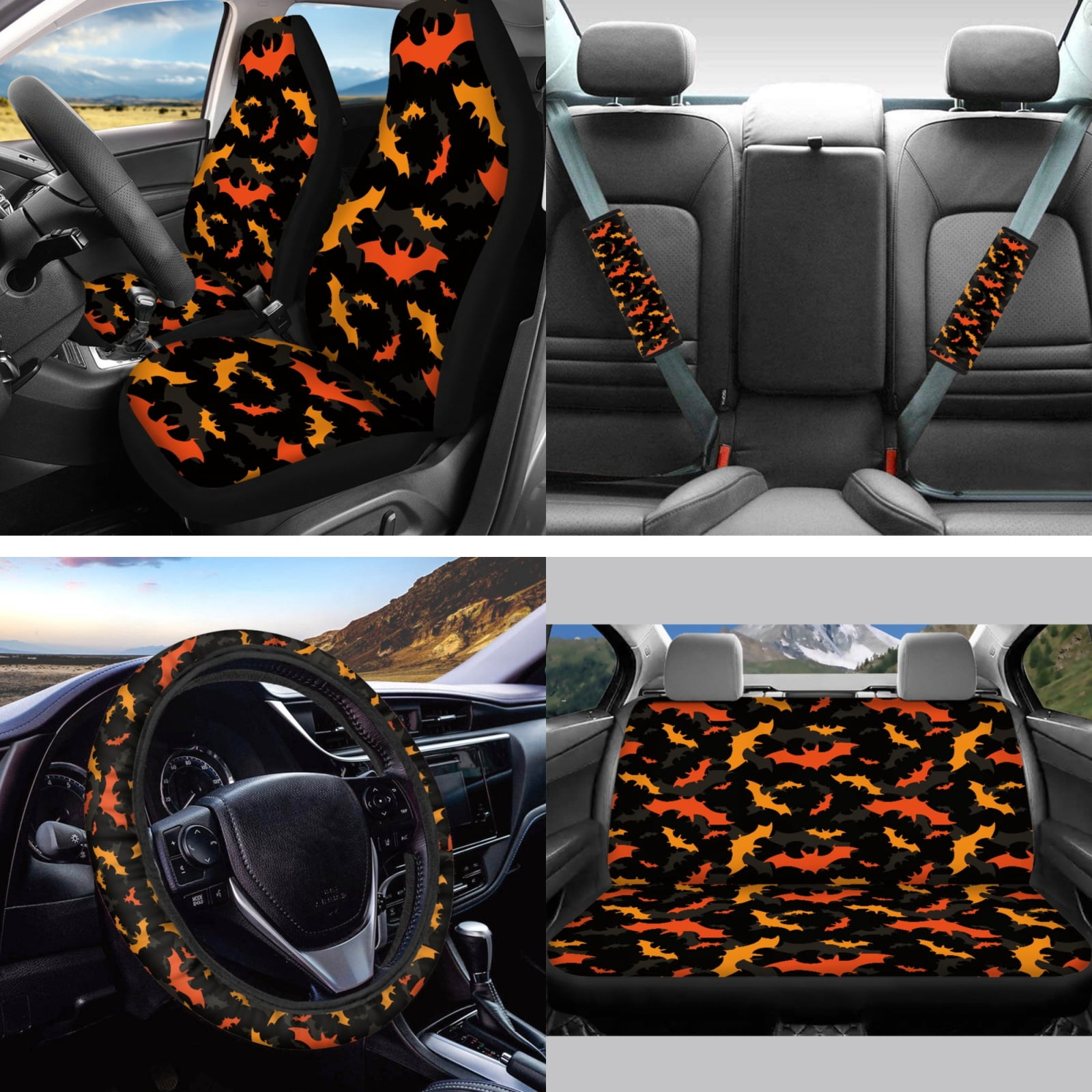 Jeiento Bats Car Seat Covers Full Set of 13 with Car Steering Wheel Cover Seat Belt Pads Car Trash Can Auto Rear View Mirror Cover Car Coasters Chapstick Holder Keychain for Truck SUV