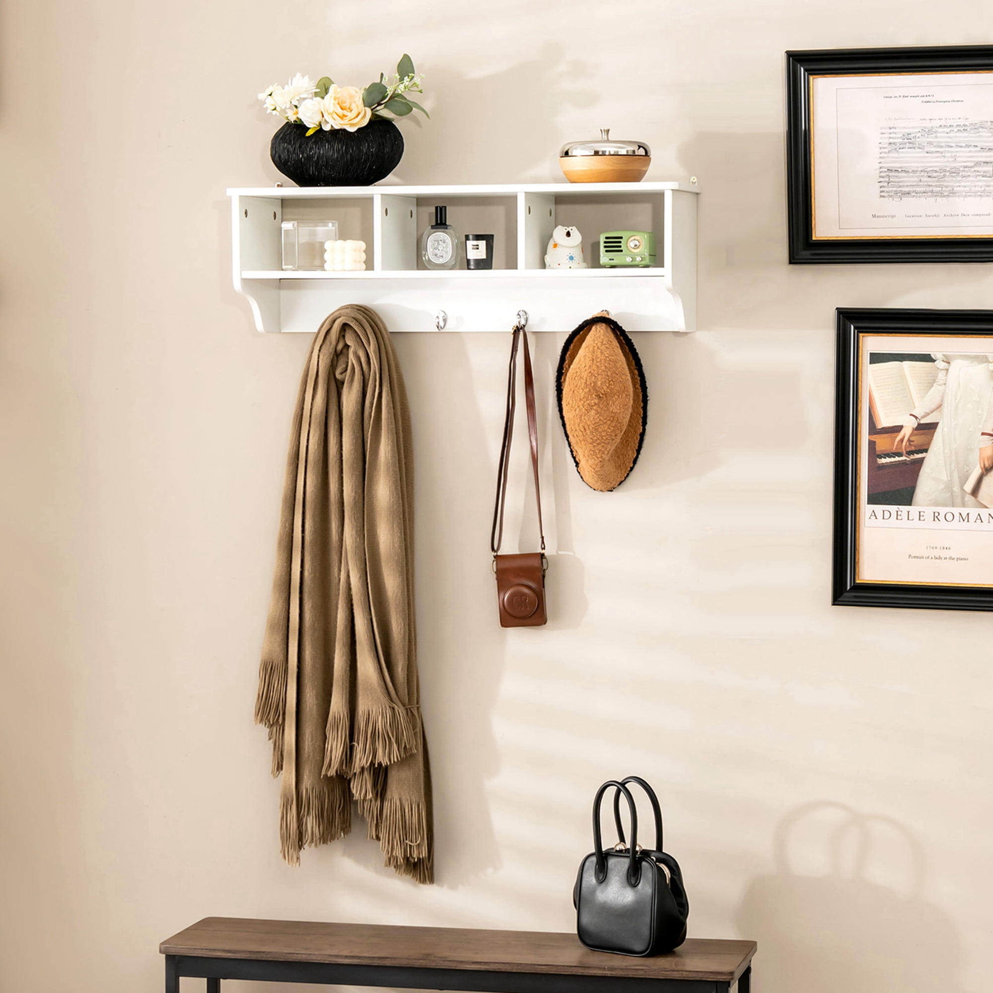 Costway Wooden Wall Mounted Coat Rack Hanging Cubby Organizer Storage Shelf with Hooks White