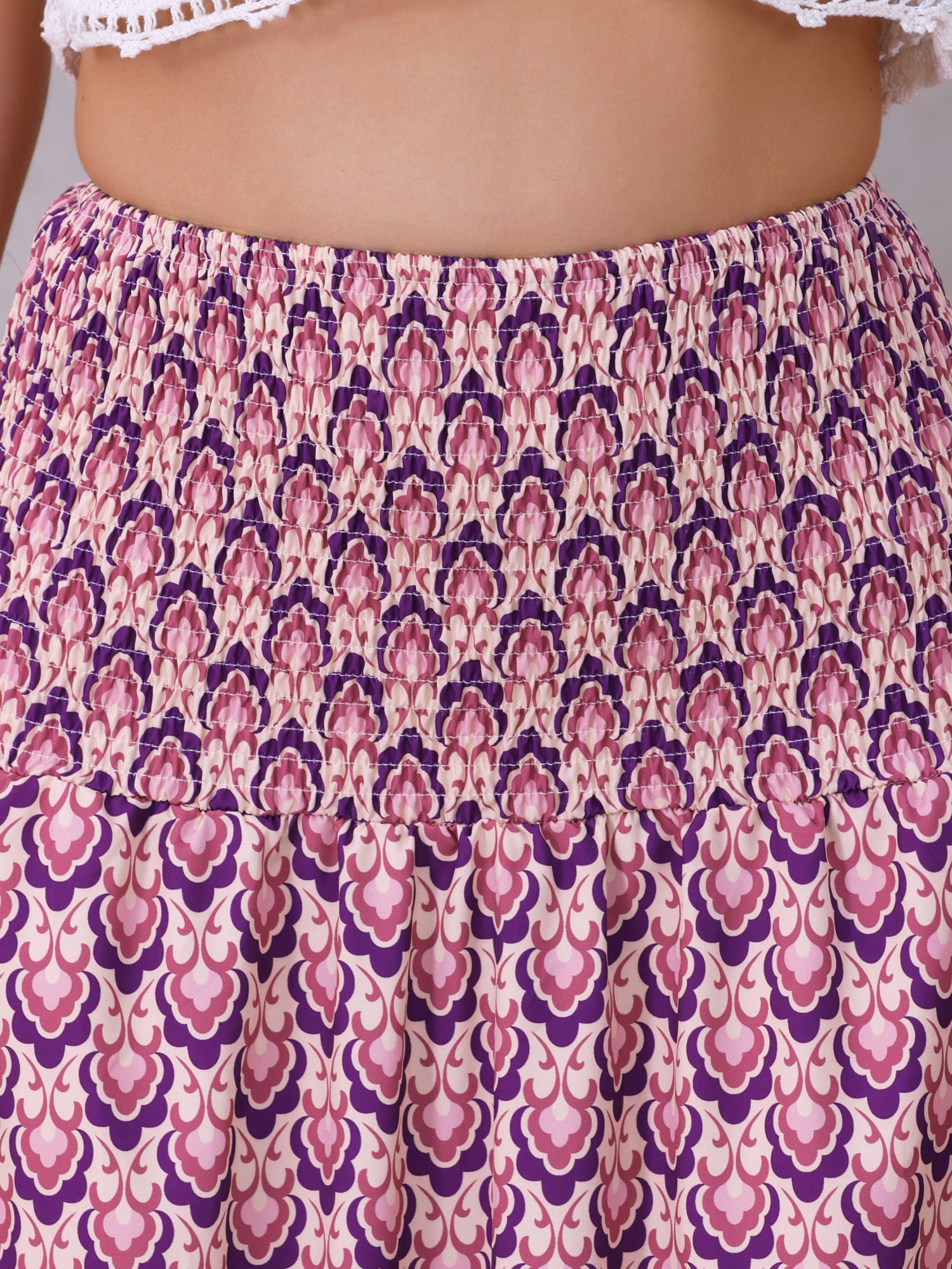 DARING DIVA Women's Summer Smocked Waist Flowy Maxi Skirts M Purple Floral