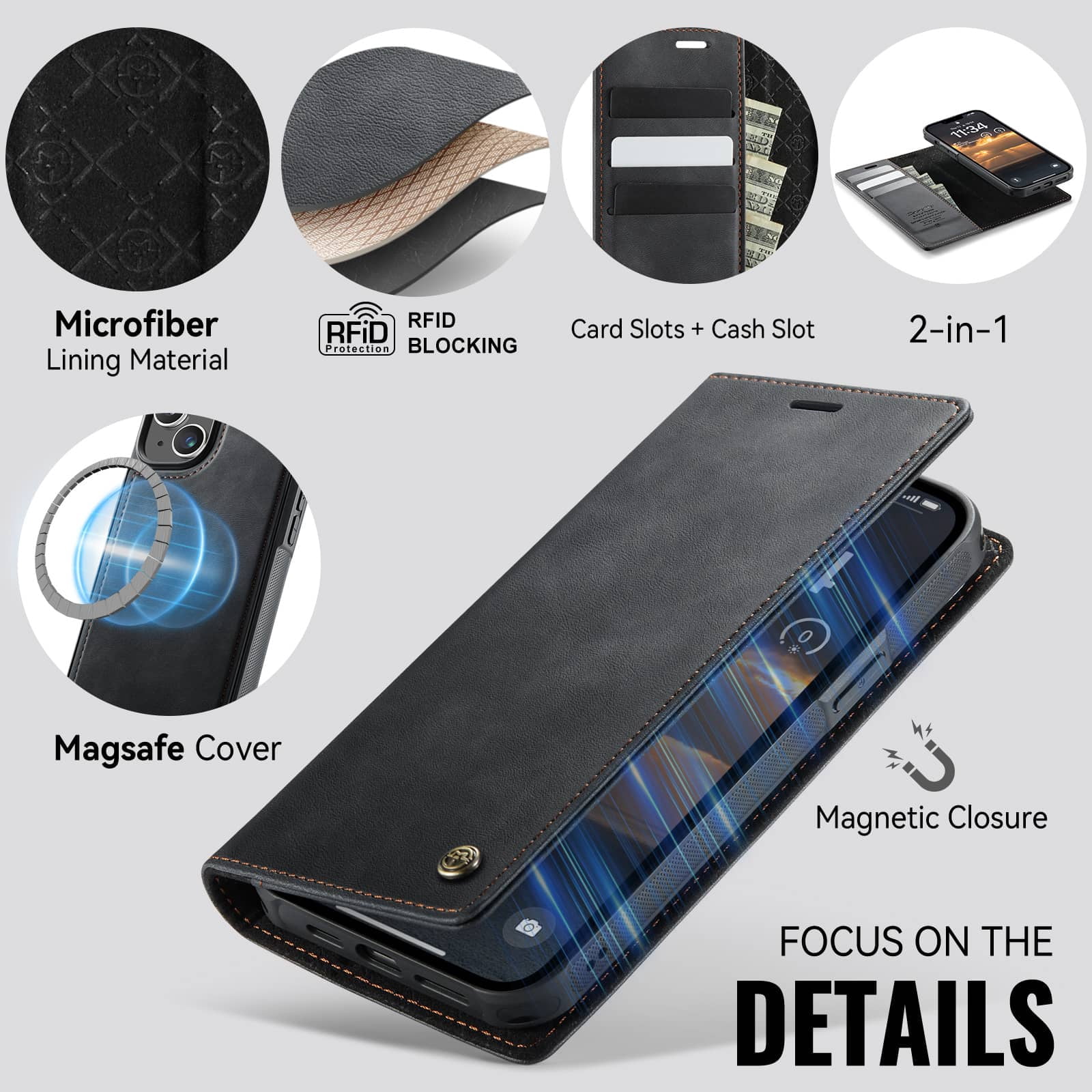 Magnetic 2 in 1 Magsafe Detachable Wallet Case for iPhone 14 with Card Holder Women Men, Retro PU Leather【RFID Blocking】Kickstand Shockproof Cover