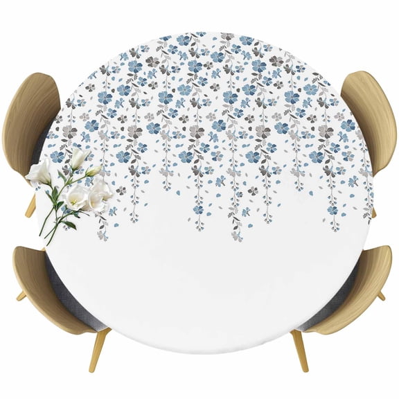 Flower Blue Round Fitted Table Cover Grey Cherry Blossoms White Background Waterproof Table Cloth with Elastic Edge Wipeable Tablecloth for Picnic Camping Party Fits 36"-44" Diameter