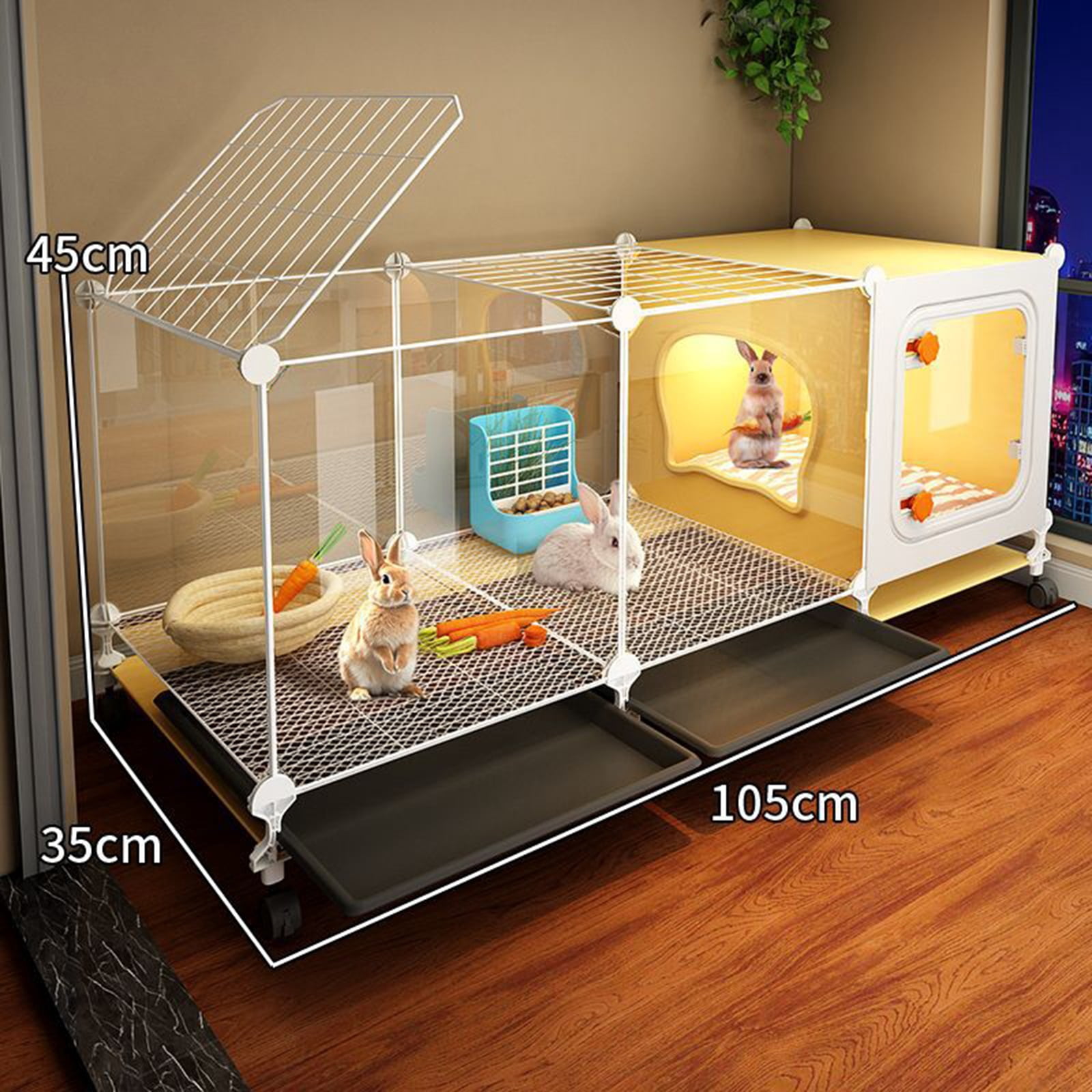 Rabbit Cage Indoor,Loft Bunny Hutch with Urine-Proof wall,Leak-Proof Trays, Wheels 41.4" Lx 17.7" Wx17.7 H for Rabbits Chinchillas, Guinea Pig and Small Animal