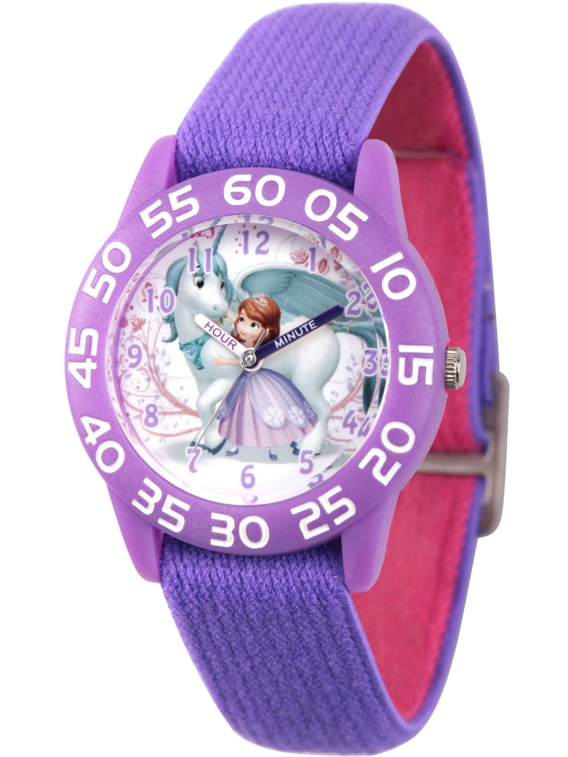 Disney Princess Sofia Girls' Purple Plastic Time Teacher Watch, Reversible Purple and Pink Nylon Strap