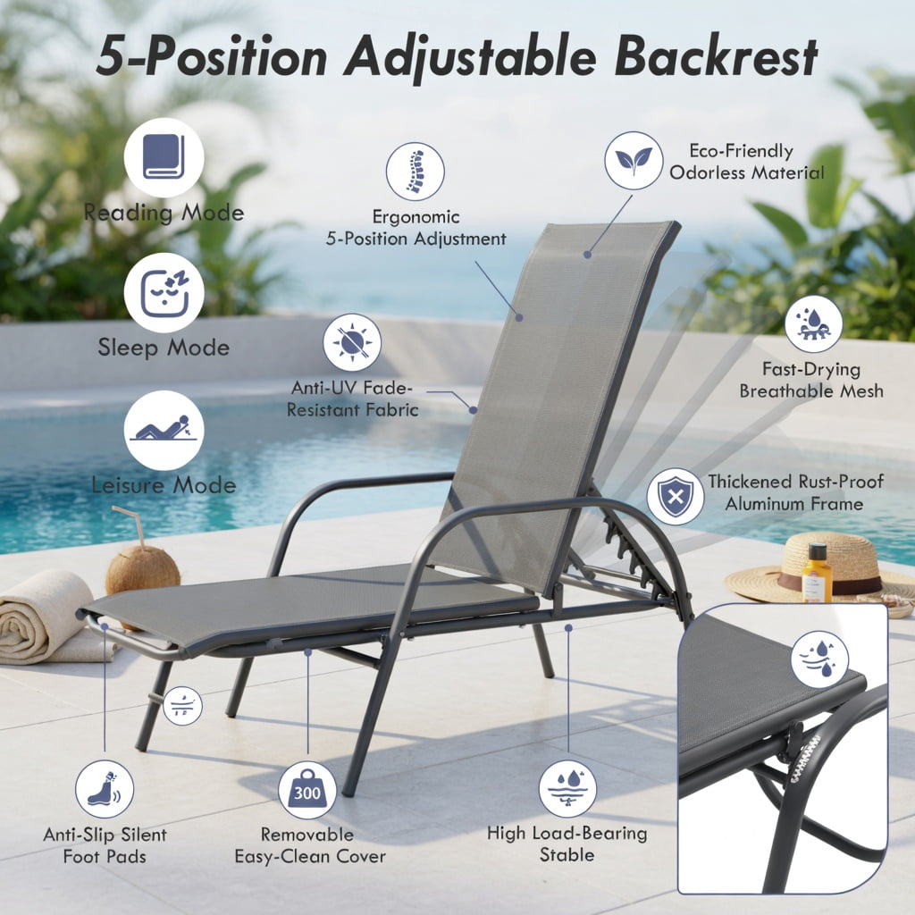 Hommoo Adjustable Folding Patio Chaise Lounge Chair, 5-Position Reclining Backrest, Weather-Resistant Fabric & Powder-Coated Steel Frame, Dark Gray