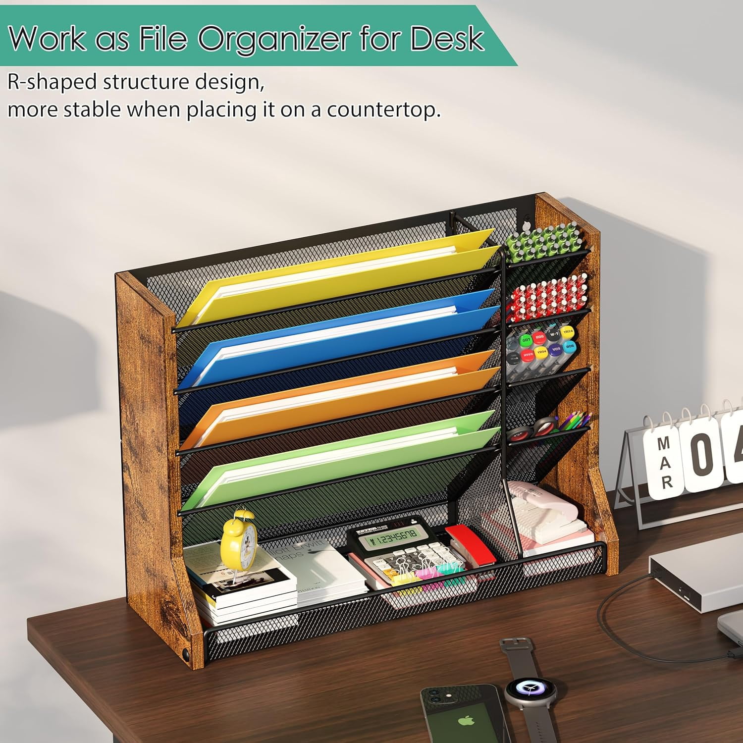 X-COSRACK 5-Tier Wall File Organizer, 2-in-1 Wood & Metal Hanging Folder Holder & Desktop Paper Sorter with Adjustable Dividers and Stable R-Shaped Base for Office & Home