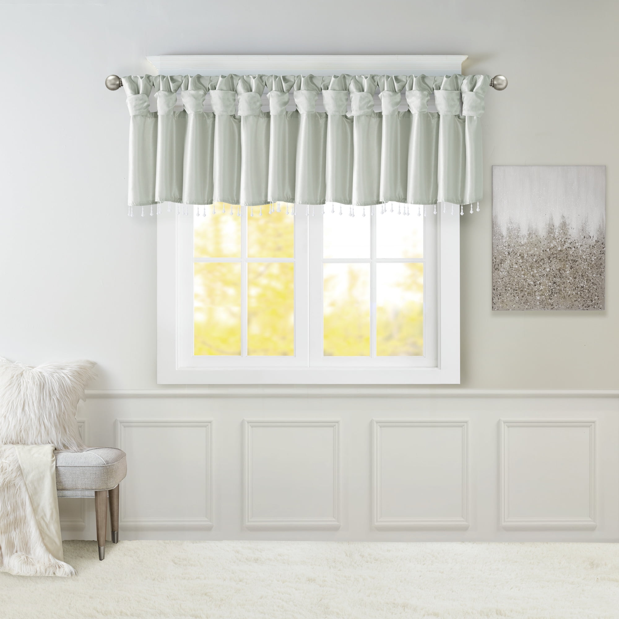 MAYEERTY 50x26" Lightweight Faux Silk Valance - With Beads, Dusty Aqua