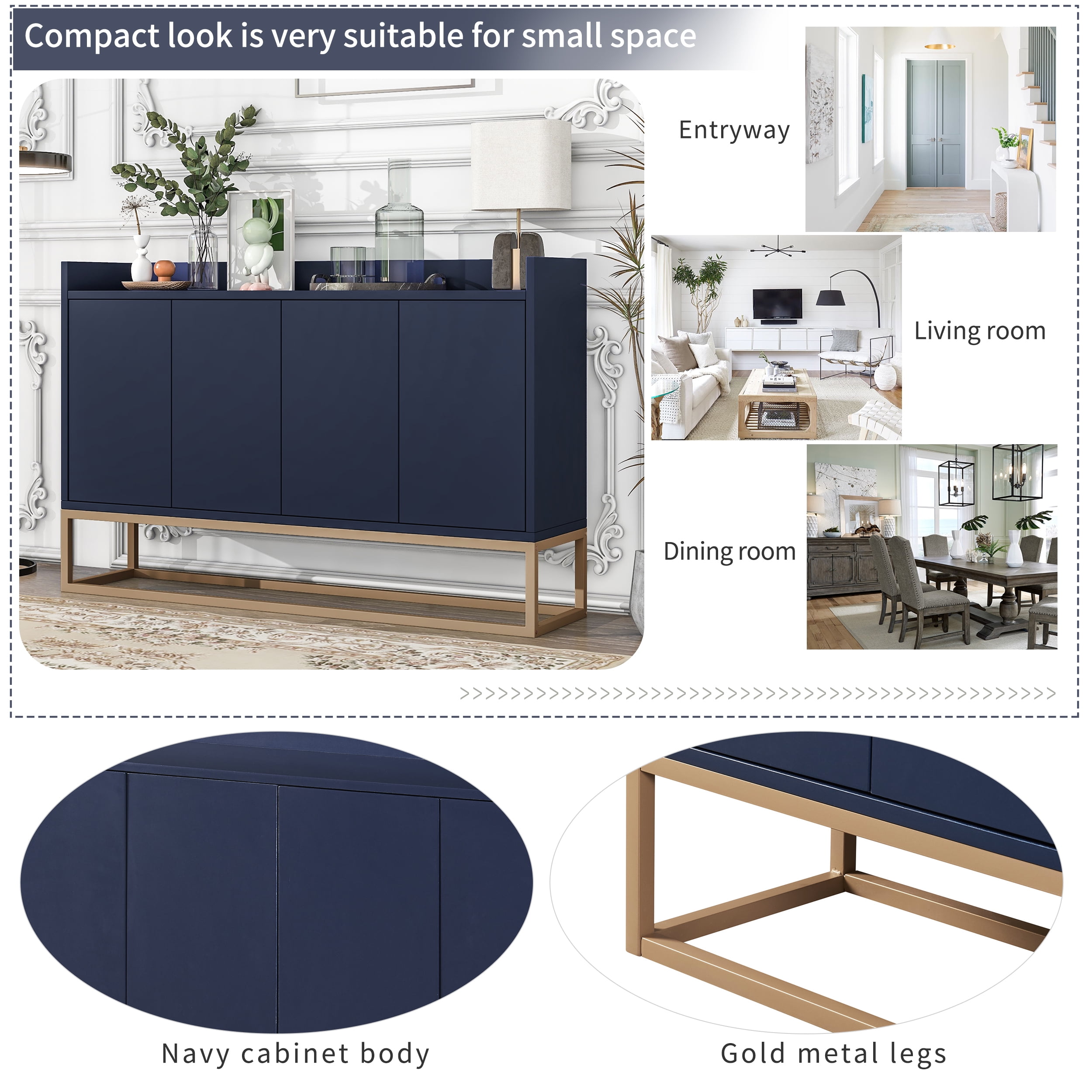 DEALTOPS Modern Sideboard with Large Storage Space and Rebound Device Doors for Dining Room - Navy