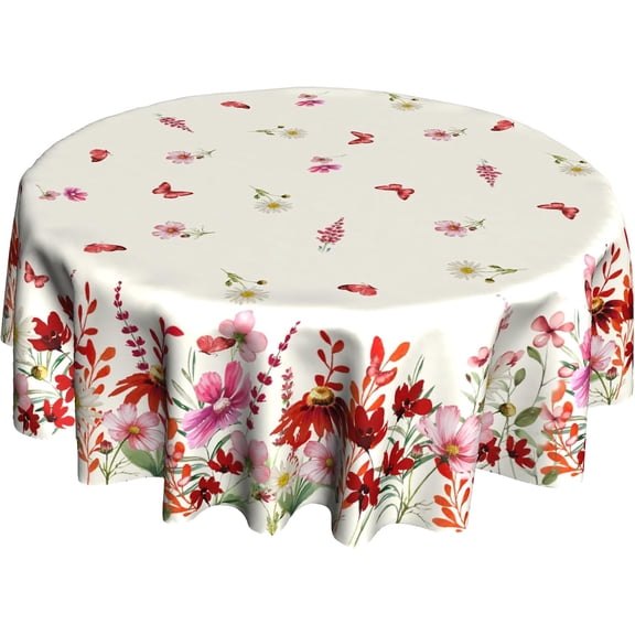 Flower Tablecloth 60 inch Round Table Cloth Red Floral Table Cloths Spring Summer Tablecloths for Kitchen Dining Decorations Holiday