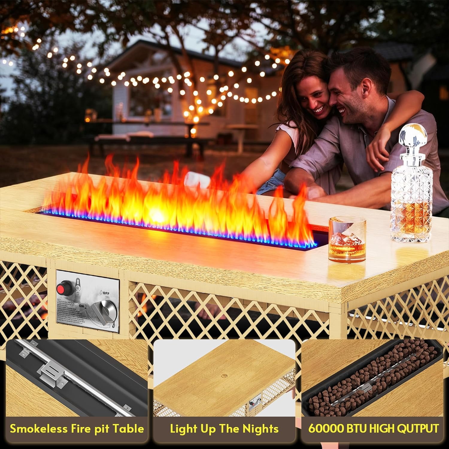 LAZZO Outdoor Fire Pit Table, Rectangular 60000 BTU Propane Fire Pit with Wicker Frame and Tank Holder