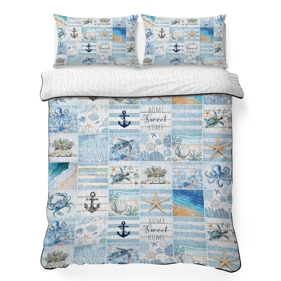 King Quilt Set 96''x106'', Blue Coastal Lightweight Bedspread Coverlet with 2 Pillow Shams, Turtle Nautical Anchor Octopus Starfish Coral Breathable All Season Quilt Bedding for Bedroom/Guest Room