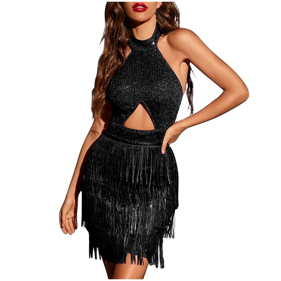 Dvkptbk Women's Sequin Dress Evening Party Prom Gowns Cocktail Dress Cut Out Crisscross Sleeveless Backless Fringe Hem Sequin Bodycon Halter Dress