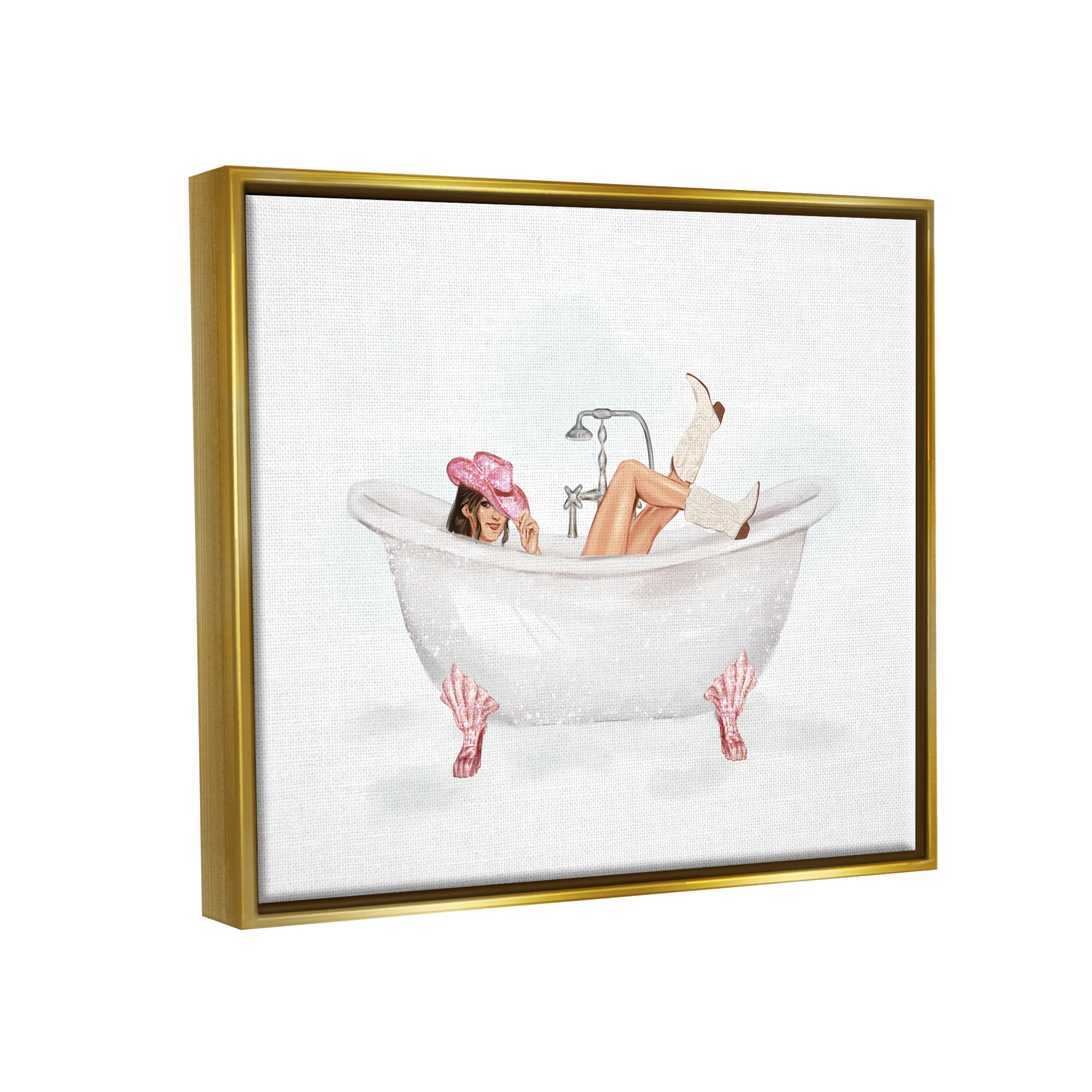 Stupell Industries Glam Cowgirl in Tub Typography Painting Gold Floater Framed Canvas Art Print Wall Art, 31 x 25