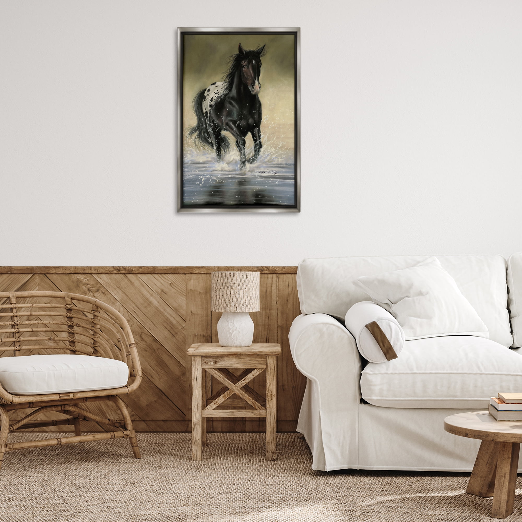 Stupell Industries Splashing Galloping Horse Animals & Insects Painting Gray Floater Framed Canvas Art Print Wall Art, 21 x 31