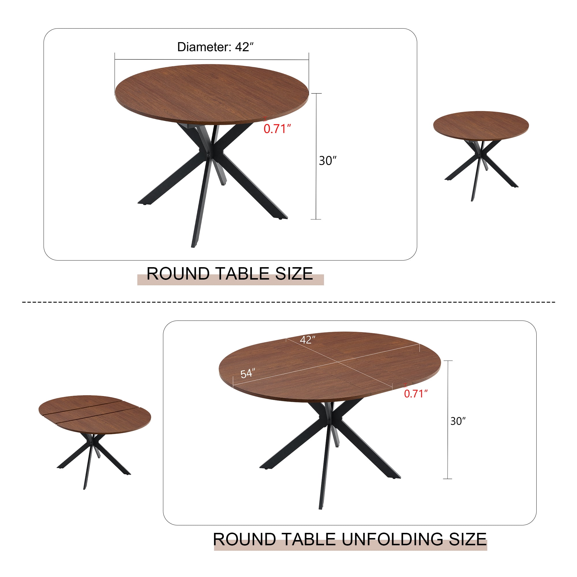 Alvantor 43"-54" Extendable Round Dining Table with Metal Legs, Walnut