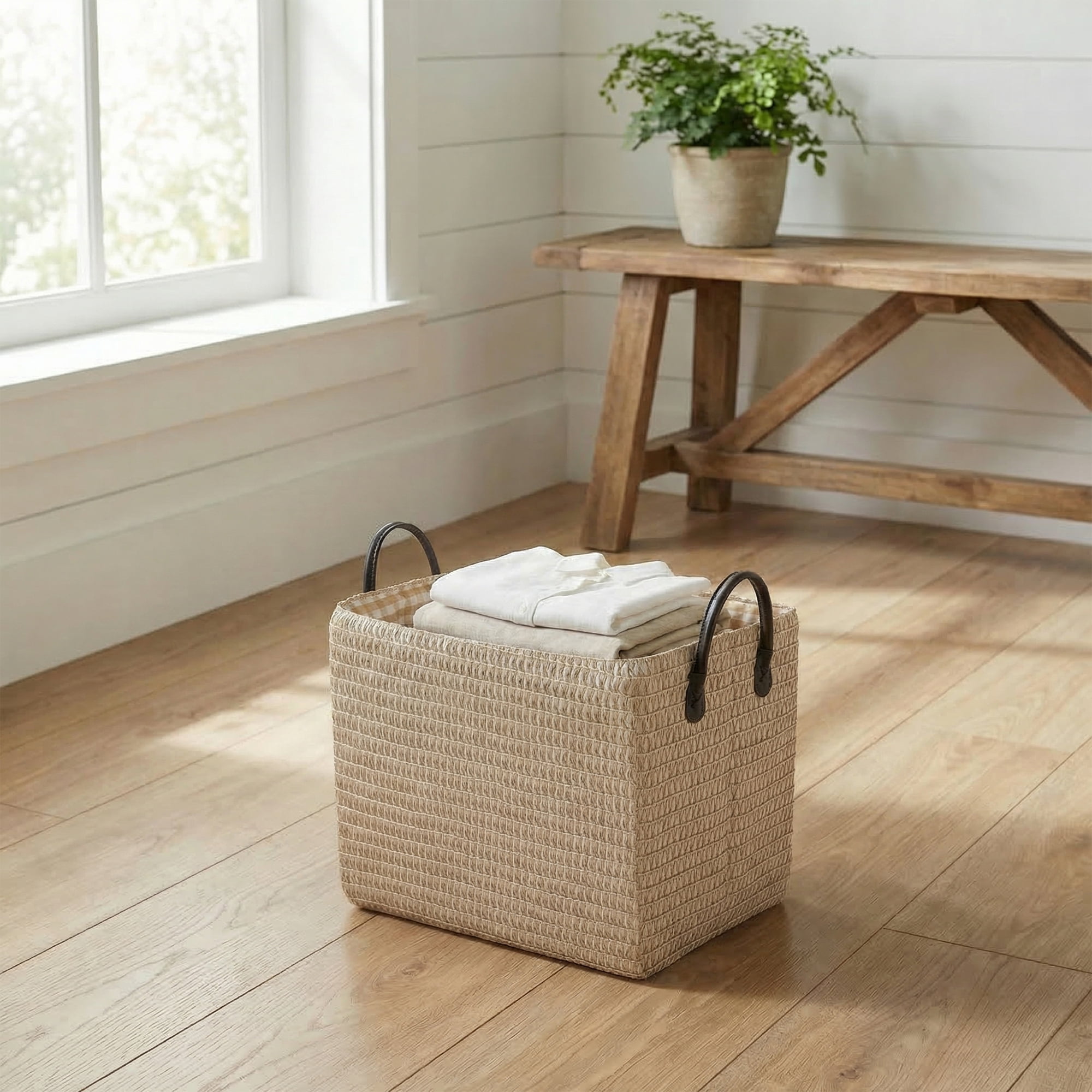 Unique Bargains Compactable Woven Storage Basket Storage Bin Beige 13.8*10.2*11.8in