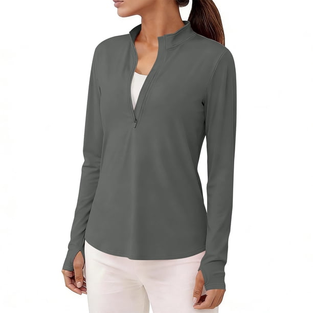 Craaazy Women Athletic Half Zip Top, Solid Color Long Sleeve Sun Protection Shirt, Slim Fit Stand Collar Top for Workout Gifts