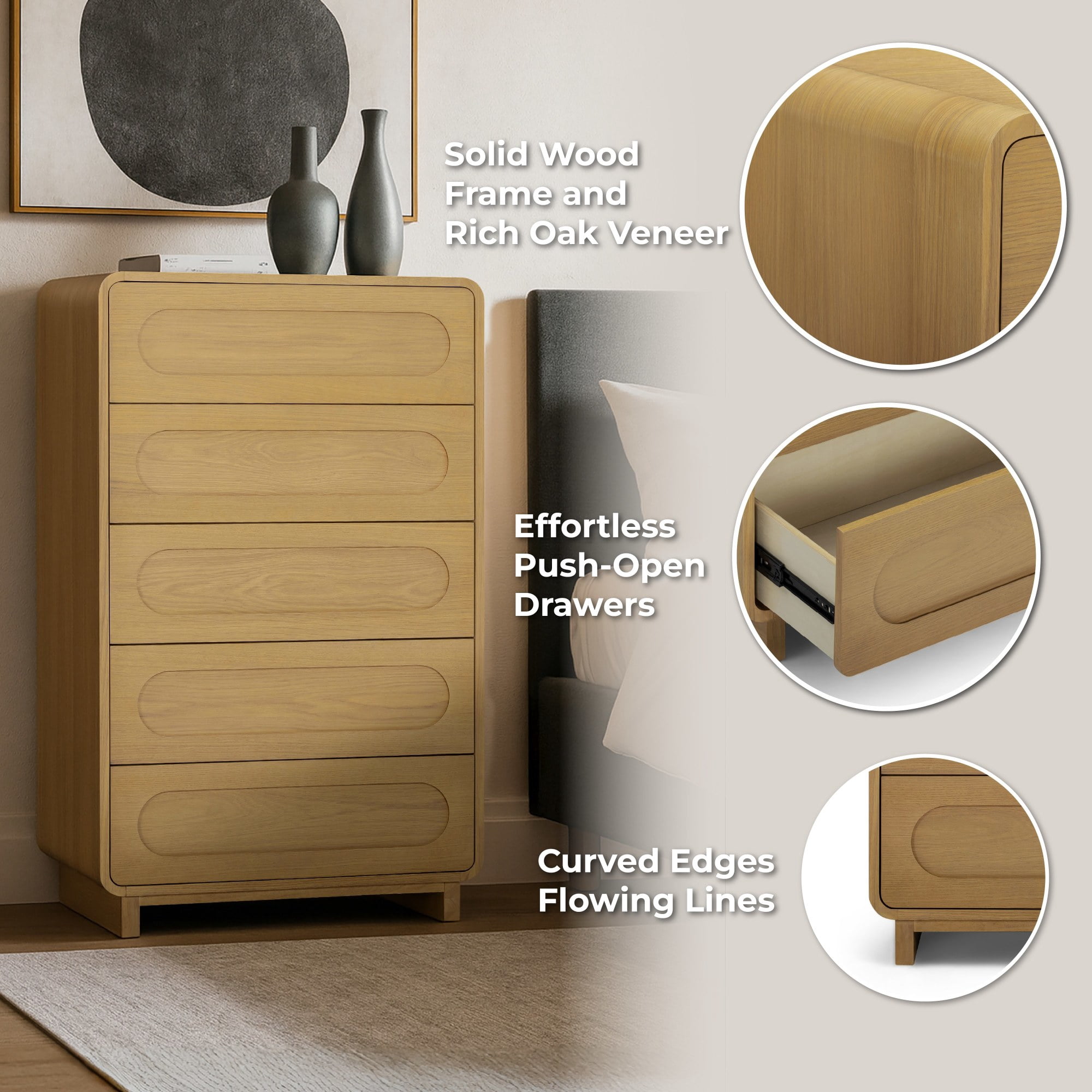 Tenley Mid-Century 5-Drawer Chest Dresser in Natural - Teamson Home: Push-Open Drawers, Wooden Construction with Real Oak Veneer
