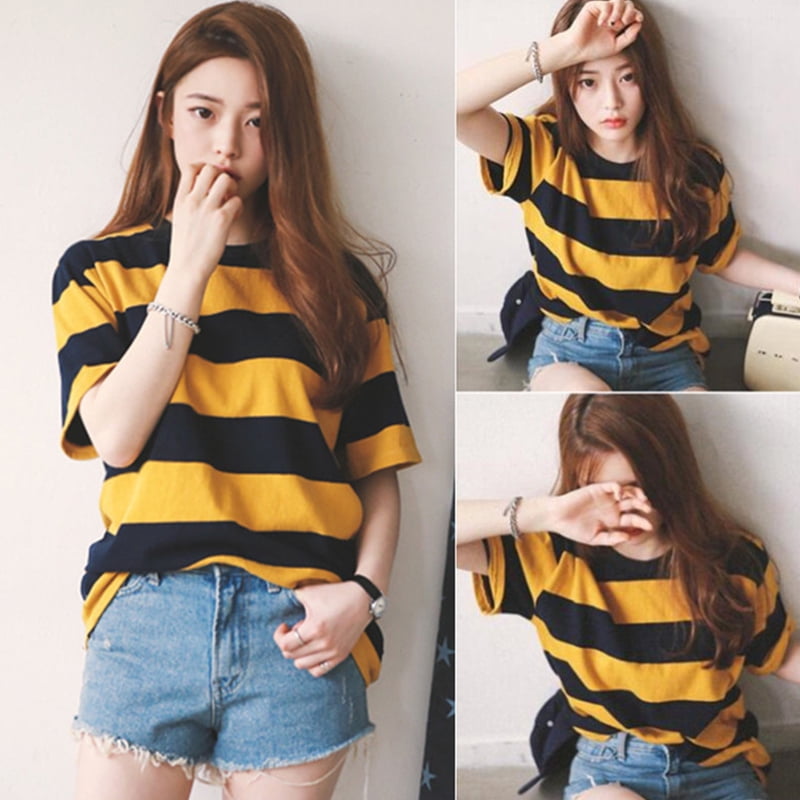 Generic Women S Casual Yellow Black Striped Tops Round Neck