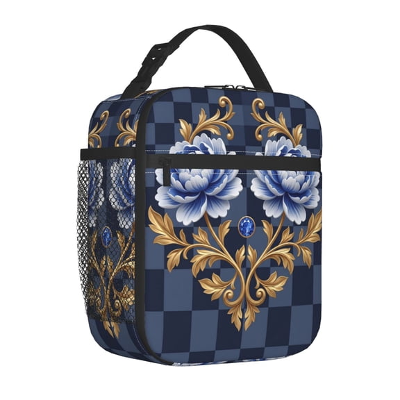 White Rose Lunch Bag Insulated Reusable Cooler Tote Portable Meal Prep Bag Side Mesh Pocket Work Office Picnic
