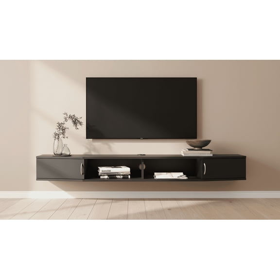 Wall Mounted Charging Station，Floating TV Stand Console with Door Cabinet for Living Room，Black