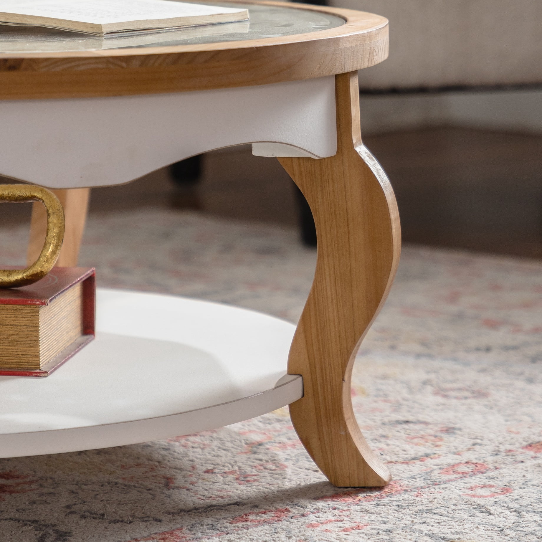 Round Wood Coffee Table with Glass Top, Solid Wooden Center Table with Curved Legs and Removable Tempered Glass for Living Room, Small Space Friendly