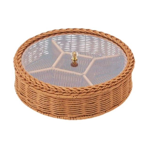 Platos para frutos secos, tapa transparente, cesta tejida para frutas, fácil de limpiar, bandeja redonda para aperitivos, multiusos para frutas,
