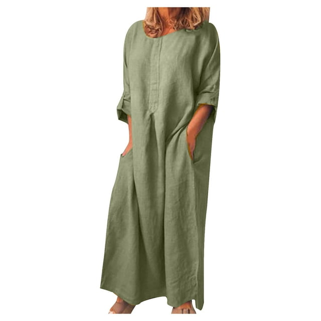 Robe Décontractée Ample pour Femme en Coton et Lin à Manches Longues, Robe Maxi Bohème Unie Fendue, Longue Robe de Détente d'Été et d'Automne avec Poches