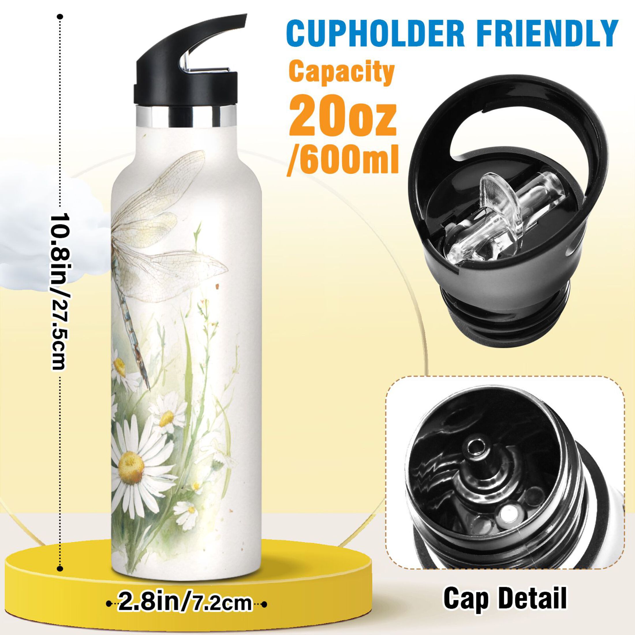 Kids Insulated Stainless Steel Sports Water Bottle 600ml (20oz) Dragonflies with White Daisies