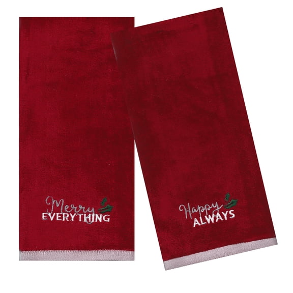 Red Bath Hand Towels, Embroidery Merry Everything , Set of 2, St. Nicholas Square