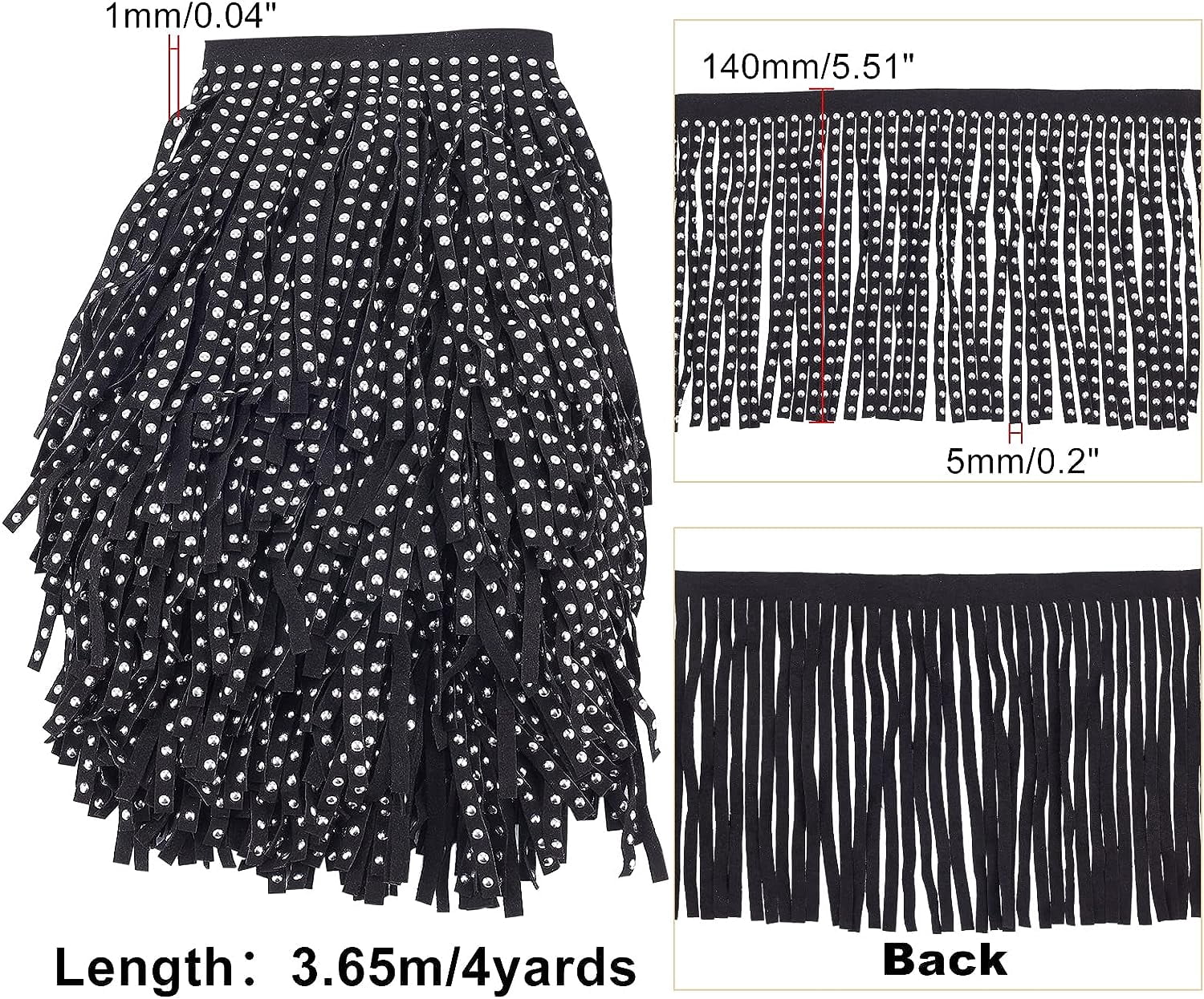 4 Yards 5.5 Inches Faux Suede Fringe Trim Rivet Leather Fringe Trim Leather Tassel Fringe Lace Ribbon for DIY Sewing Craft Garment Handbag Hem Accessories (Black)